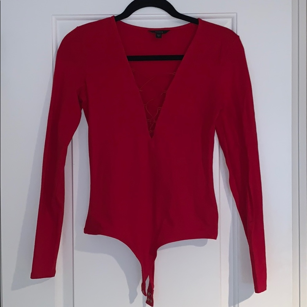 Red lace-up body suit
